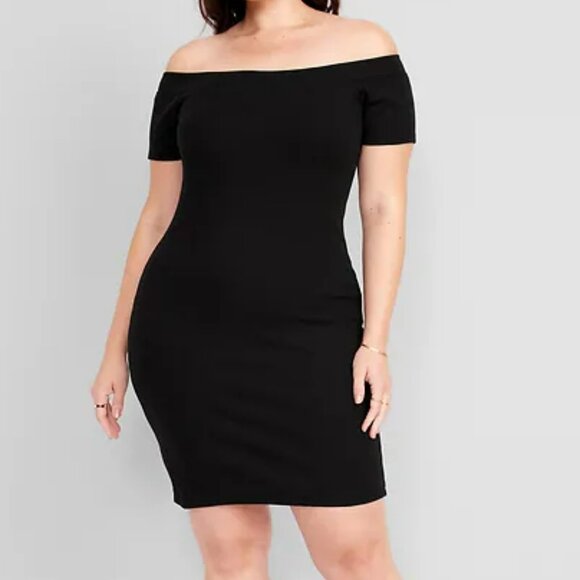 Fitted Off-The-Shoulder Rib-Knit Dress - Picture 1 of 4